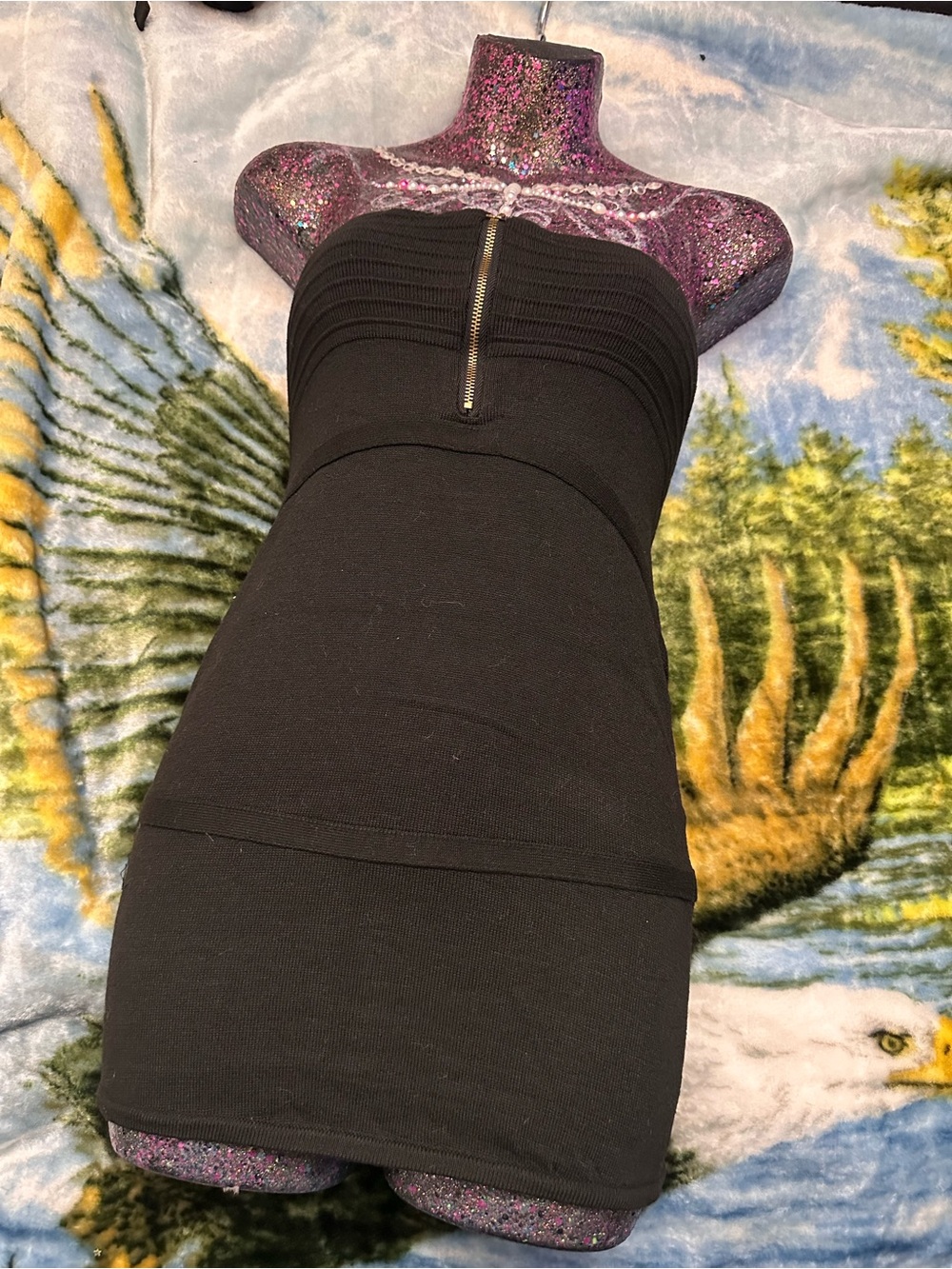 Black Strapless Bodycon Dress with Front Zip